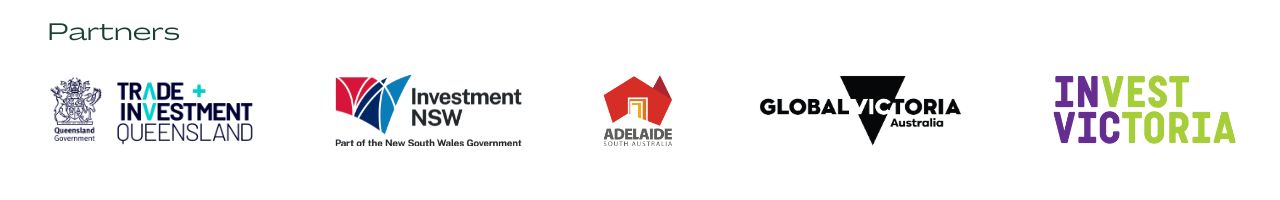 Banner with partner logos for Trade and Investment Queensland, Investment New South Wales, Adelaide Go South Australia, Global Victoria, and Invest Victoria for Money 20/20 Amsterdam 2024 event.