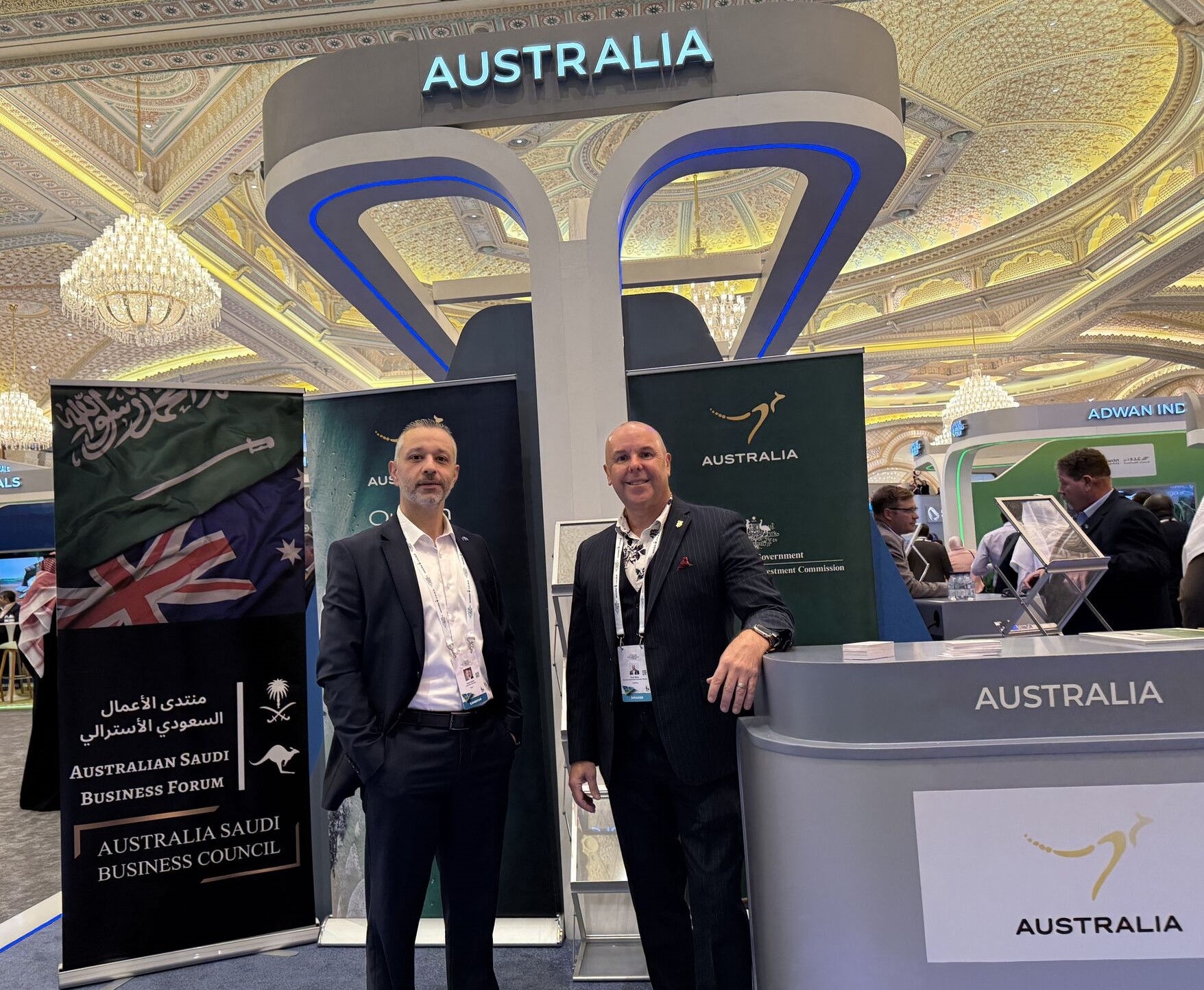 Austrade’s Director of Energy & Mineral Resources, Infrastructure, and Defence, Abed Hakmi, and Trade and Investment Commissioner (Commercial Councillor), Todd Miller, based in Riyadh, in front of the Australia Pavilion. 