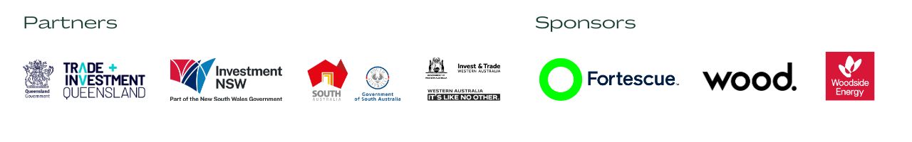 Logos for Trade and Invest Queensland, Investment NSW, Trade and Invest South Australia, Invest and Trade Western Australia, Wood, Woodside Energy.