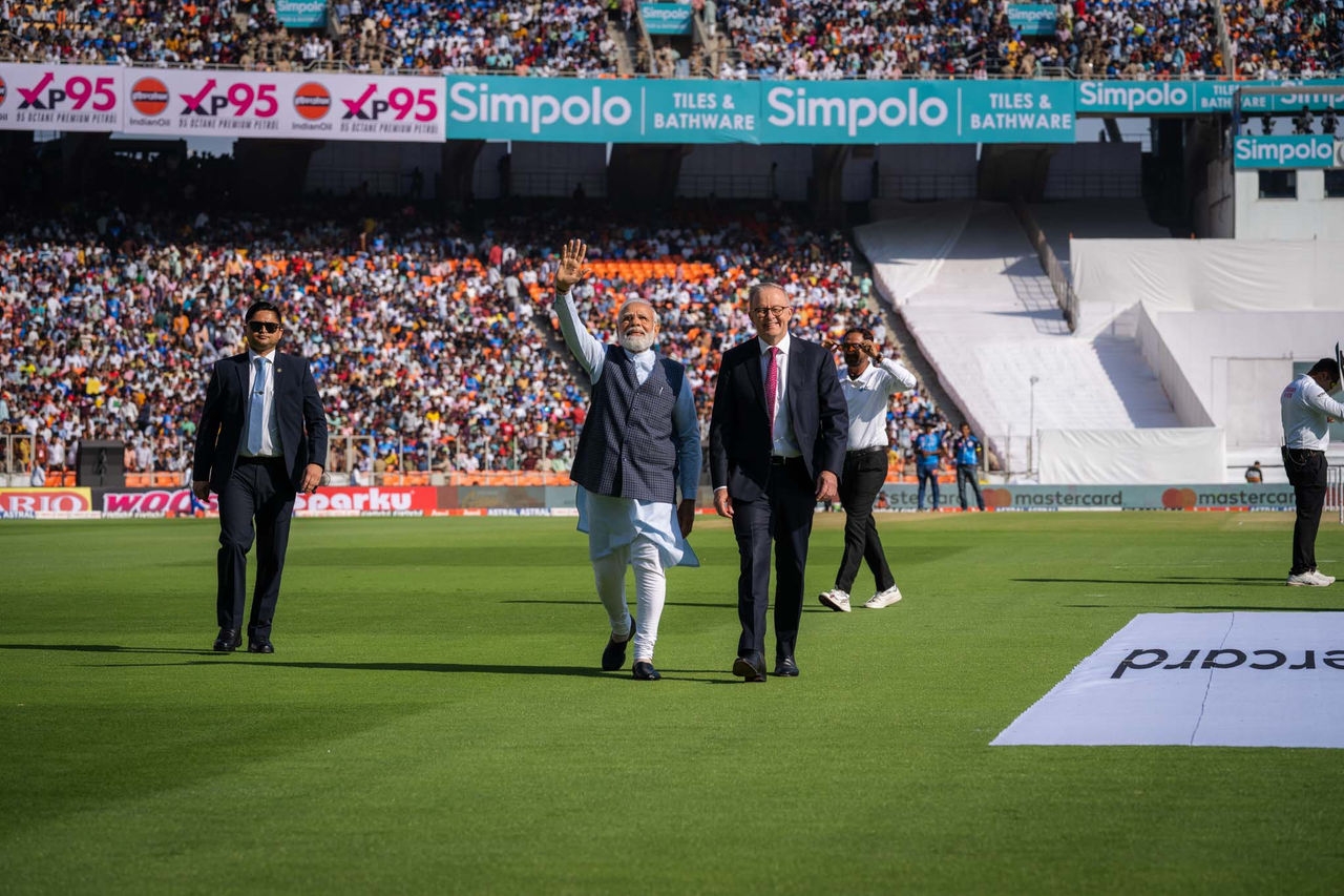 Indian Prime Minister Narendra Modi and Australian Prime Minister Anthony Albanese on the grounds of Narendra Modi Stadium.